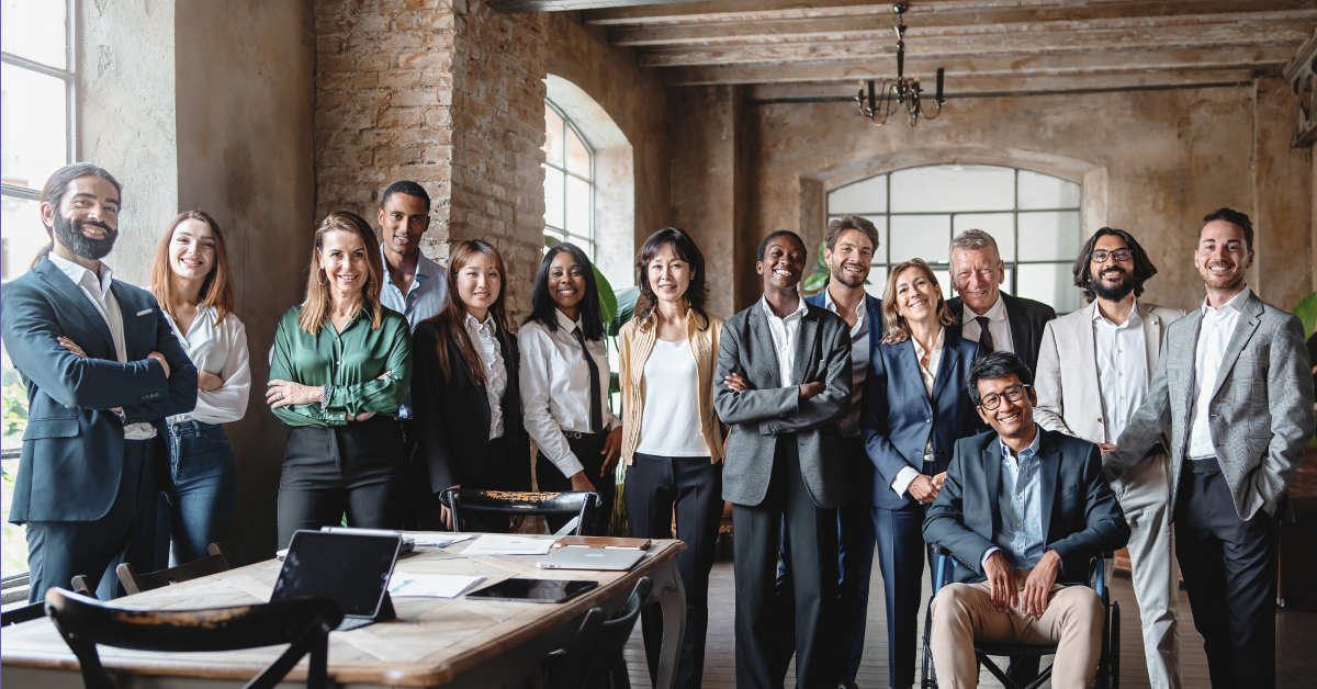 A diverse group of professional lawyers working together for a firm. 